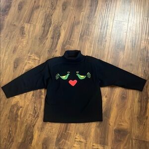 VTG Lyse Spenard Canada Black Turtleneck with Bird and Heart Design